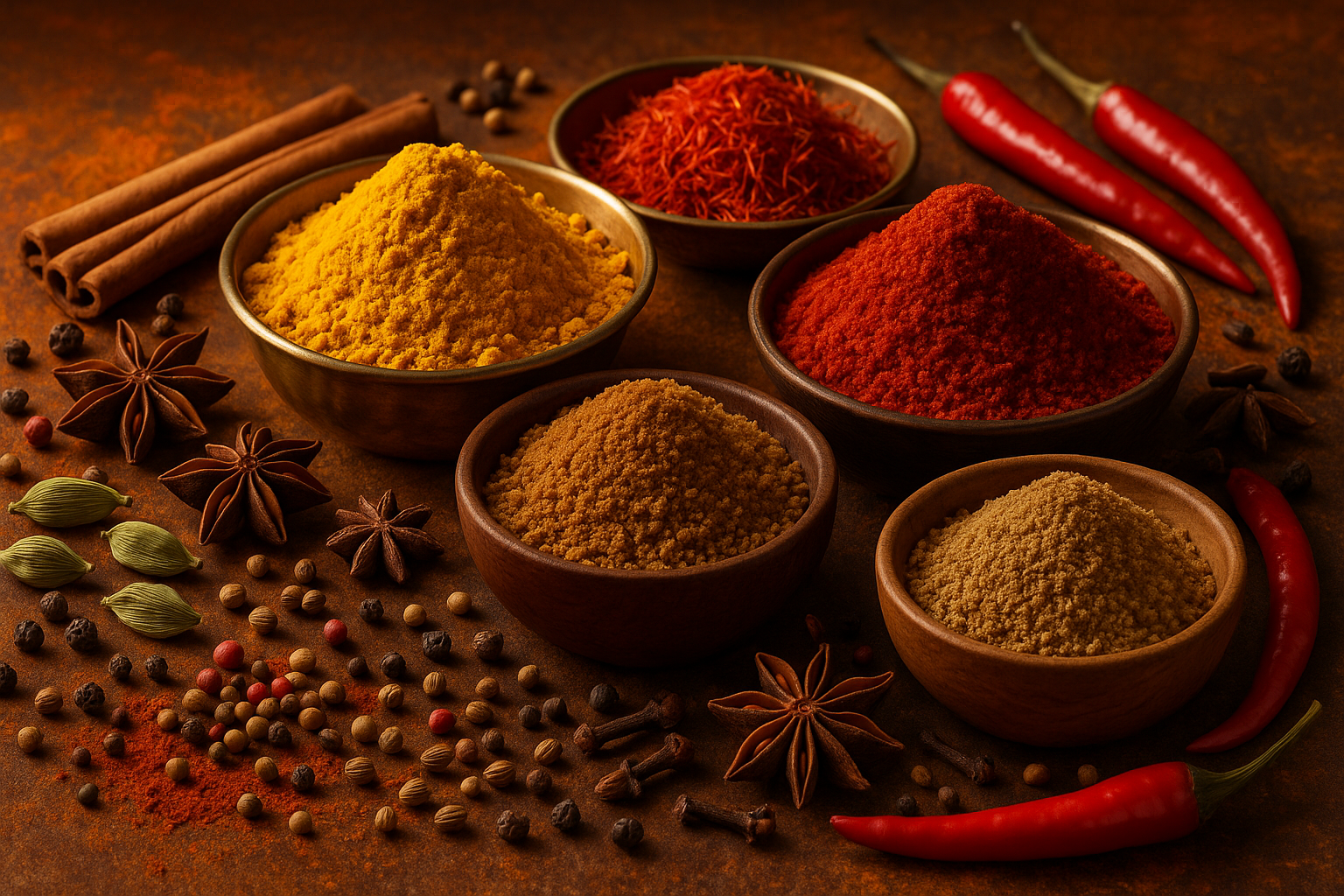 A vibrant image of assorted Indian spices arranged beautifully with a dominant red and yellow color theme, displayed in traditional brass and wooden bowls on a rustic surface